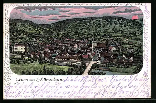 Lithographie Künzelsau, Ortsansicht mit Bergen