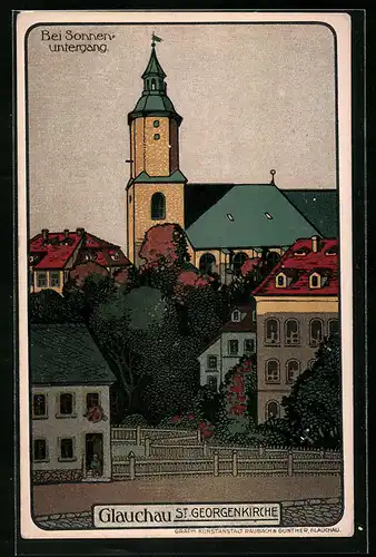 Steindruck-AK Glauchau, St. Georgenkirche bei Sonnenuntergang