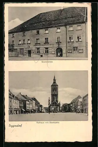 AK Deggendorf, Rathaus mit Stadtplatz, Gaststätten der Schlossbrauerei Moos