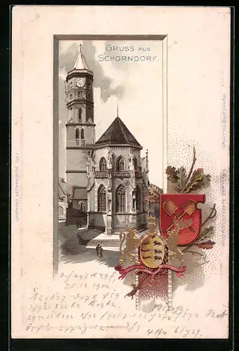 Künstler-AK Diefenbach: Schorndorf, Kirche und Wappen