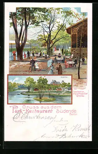 Lithographie Berlin, Park-Restaurant Südende, Gartenpartie und Park