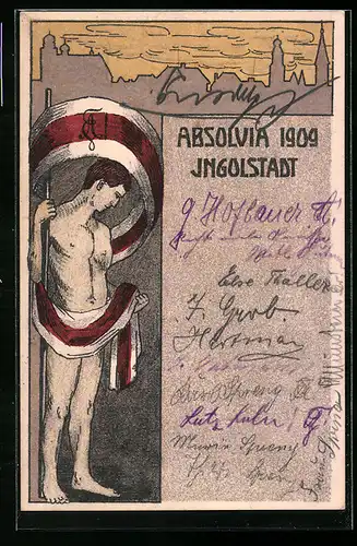 Künstler-AK Ingolstadt, Absolvia 1909, Nackter mit studentischer Fahne