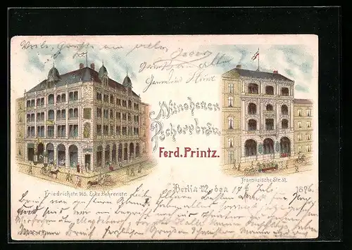Lithographie Berlin, Gasthaus Münchener Pschorrbräu Ferd. Printz, Französische Str. 51, Friedrichstr. 165