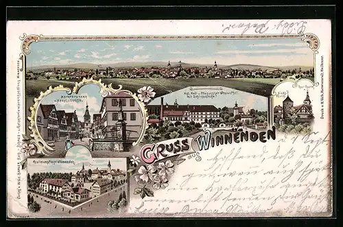 Lithographie Winnenden, Panorama, Marktbrunnen und Hauptstrasse, Paulinenpflege, Heil- und Pflegeanstalt