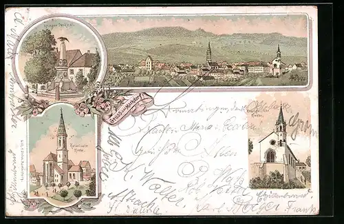 Lithographie Markdorf, Ortsansicht, Kriegerdenkmal, Kirchen