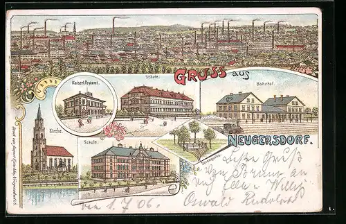 Lithographie Neugersdorf, Ortspanorama, Bahnhof, Schulen, Post