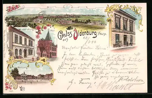Lithographie Oldenburg /Holst., Gesamtansicht, Hotel Stadt Hamburg, Scheibners Hotel