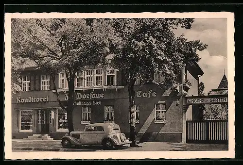 AK Berlin-Zehlendorf, Konditorei Dorfaue Willy Reinicke, Teltower Damm 13, Strassenansicht mit Garten-Eingang