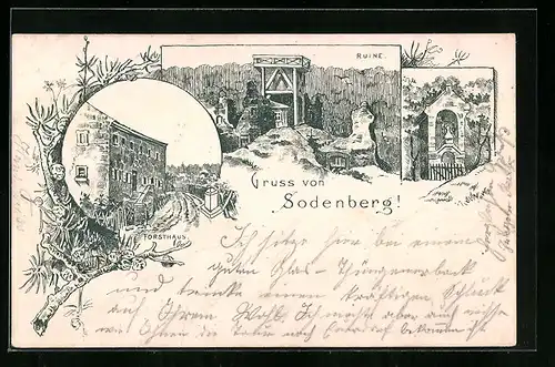 Lithographie Sodenberg, Forsthaus, Ruine, Kapelle