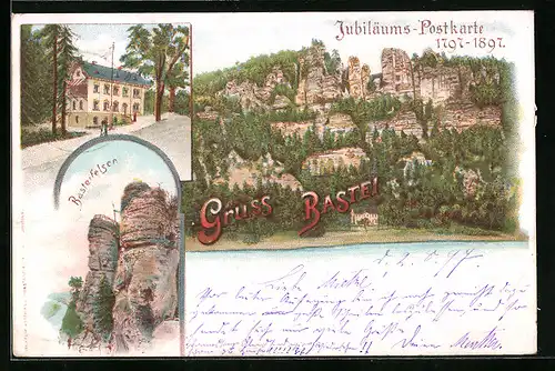 Lithographie Bastei /Sächs. Schweiz, Jubiläums-Postkarte1797-1897, Basteifelsen, Wald-Villa, Panorama
