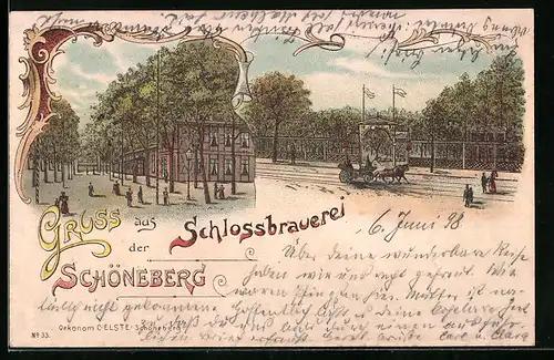 Lithographie Berlin-Schöneberg, Gasthaus Schlossbrauerei, Eingang