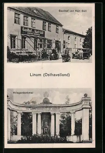 AK Linum /Osthavelland, Gasthof von Karl Güll, Kriegerdenkmal