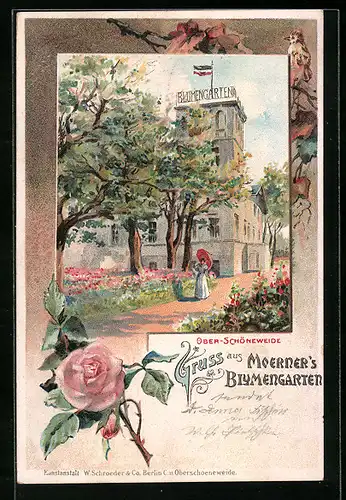 Lithographie Berlin-Oberschöneweide, Ober-Schöneweide, Gasthaus Moerners Blumengarten mit Rosen