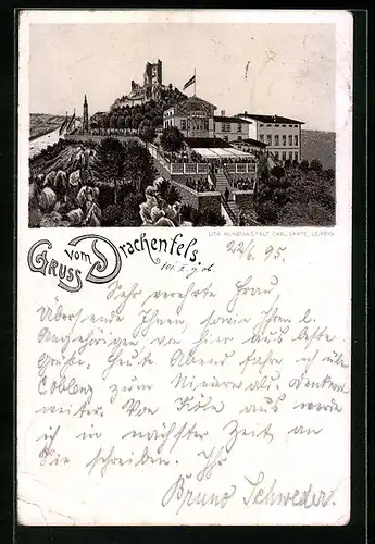 Vorläufer-Lithographie Drachenfels, 1895, Blick auf die Ruine