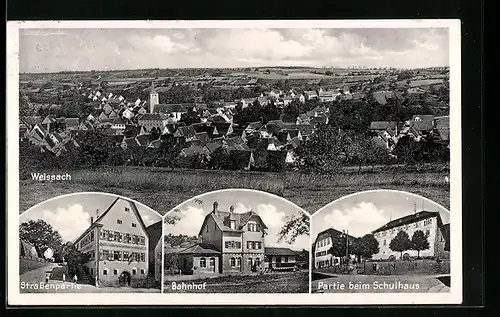 AK Weissach, Ortsansicht, Strassenpartie, Bahnhof, Partie beim Schulhaus