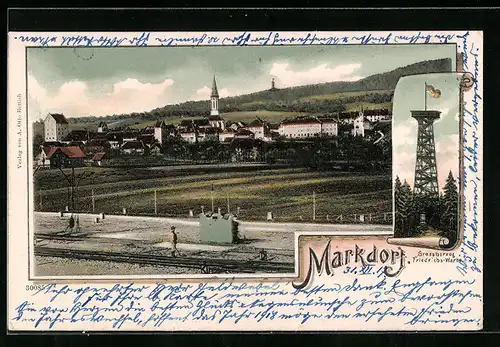 AK Markdorf, Ortsansicht mit Bahnhof, Grossherzog Friedrichs-Warte