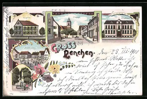 Lithographie Renchen, Hospital, Schulhaus, Marktplatz