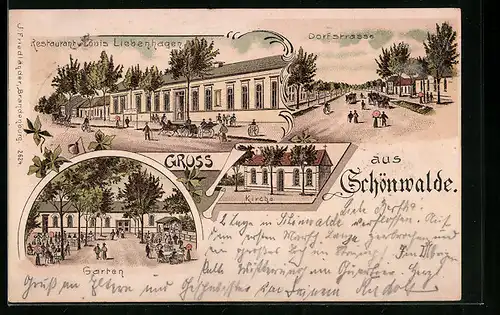 Lithographie Schönwalde /Wandlitz, Restaurant v. Louis Liebenhagen, Dorfstrasse, Kirche