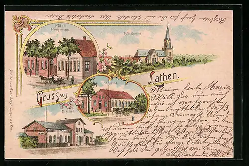 Lithographie Lathen, Hotel Breymann, Kath. Kirche, Bahnhof, Postamt