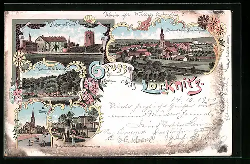 Lithographie Löcknitz, Schloss und Ruine, Ortsansicht, Heidemühle