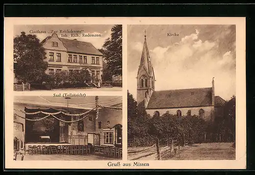 AK Missen /Vetschau, Gasthaus zur Reichskrone, Kirche