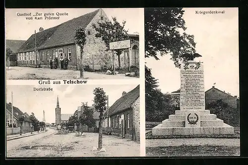 AK Telschow, Gasthof zur guten Quelle, Dorfstrasse, Kriegerdenkmal