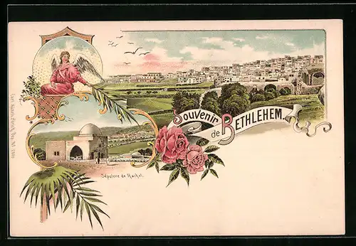 Lithographie Bethlehem, Sépulere de Rachel, Engel