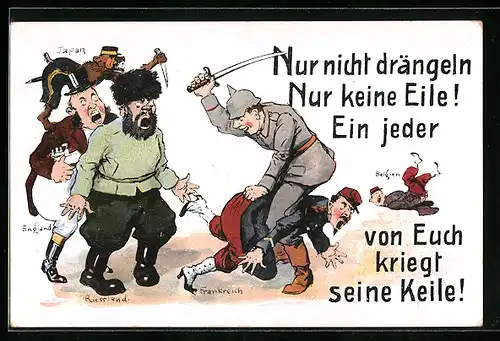 Künstler-AK Nur nicht drängeln..., Deutscher Soldat mit Pickelhaube verhaut Franzosen