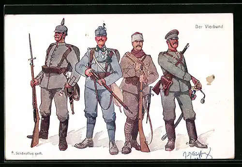 Künstler-AK Fritz Schönpflug: Der Vierbund, Soldaten in Uniform mit Karabinern
