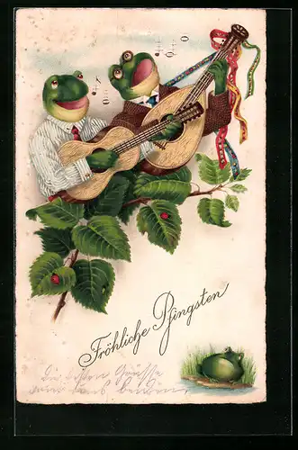 Künstler-AK Pfingstgruss, Musizierende Frösche, vermenschlichte Tiere