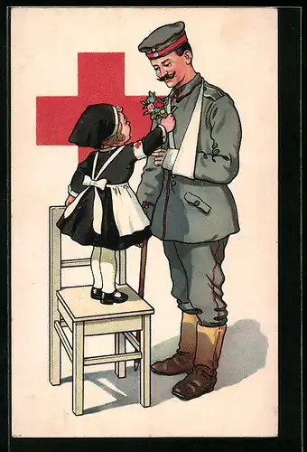Künstler-AK Nürnberg, Kleine Rot Kreuz-Schwester gibt verwundeten Soldat Blumen