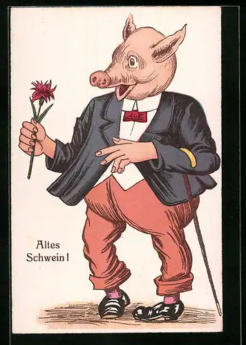 Künstler-AK Altes Schwein!, mit Blume, vermenschlichte Tiere