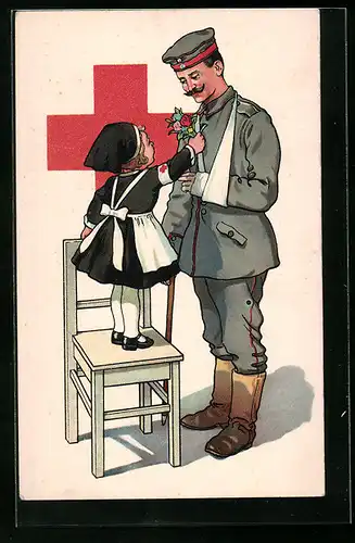 Künstler-AK Nürnberg, Allgemeiner Opfertag 1916, Kleine Schwester gibt Verwundetem Blumen, Rotes Kreuz