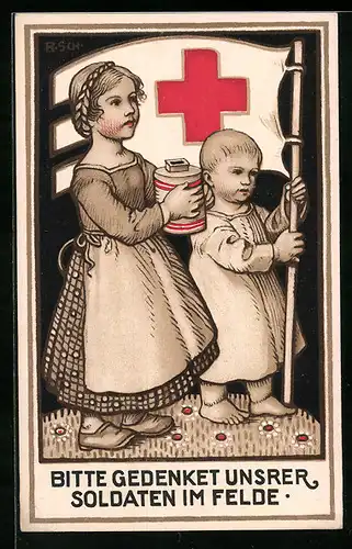 Künstler-AK Nürnberg, Kinder mit Fahne und Spendenbüchse, Rotes Kreuz