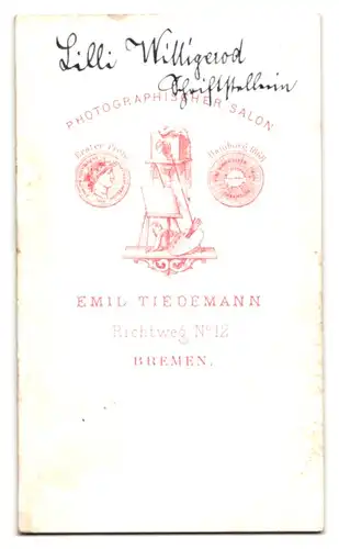 Fotografie Emil Tiedemann, Bremen, Portrait Schriftstellerin Lilly Willigerod im Kleid mit Samtbluse