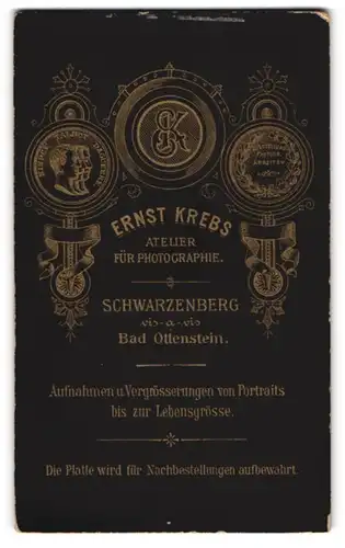 Fotografie Ernst Krebs, Schwarzenberg, Monogramm des Fotografen und Anschrift, Köpfe Nieppe, Talbot und Daguerre