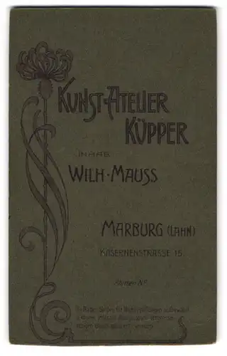 Fotografie Atelier Küpper, Marburg / Lahn, Kasernenstr. 15, blühende Blume im Jugendstil, Anschrift des Fotografen