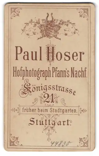 Fotografie Paul Hoser, Stuttgart, Königsstr. 21, königliches Wappen über der Anschrift des Fotografen