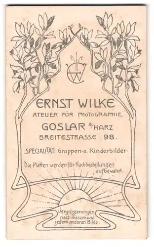 Fotografie Ernst Wilke, Goslar, Breitestr. 98, Fotografen Monogramm mit verwachsendem Astwerk