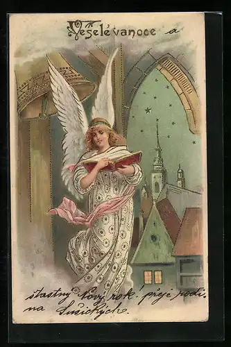Künstler-AK Osterengel mit Buch im Glockenturm
