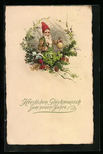 AK Zwerg mit Glücksklee und Geldsack