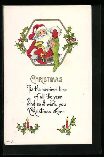 AK Weihnachtsmann mit Strumpf voller Geschenken