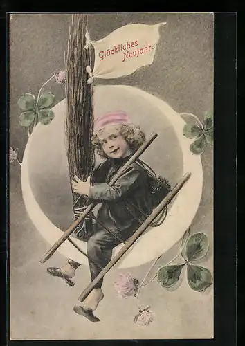 AK Glückliches Neujahr, Kleiner Schornsteinfeger auf Sichelmond