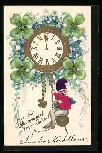 AK Zwerg mit Uhr zu Mitternacht, Glücksklee