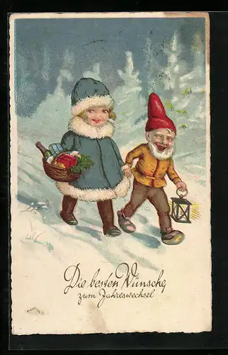 AK Mädchen und Zwerg im Schnee