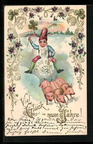AK Zwerg mit Glücksschweinen zum neuen Jahre