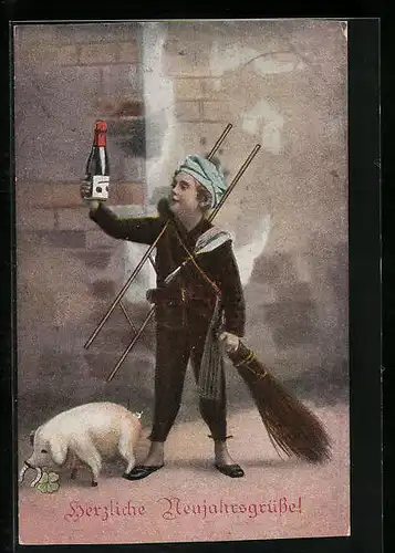 AK Schornsteinfeger mit Glücksschwein und Leiter