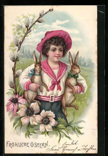 AK Junge mit zwei Osterhasen unter dem Arm