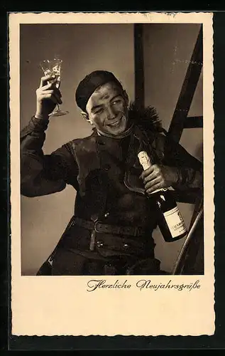 AK Schornsteinfeger mit Champagnerflasche