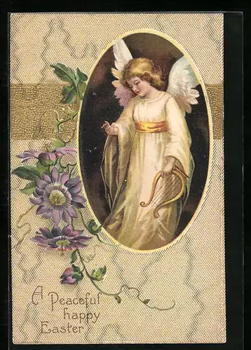 AK Osterengel mit Harfe, Passionsblume